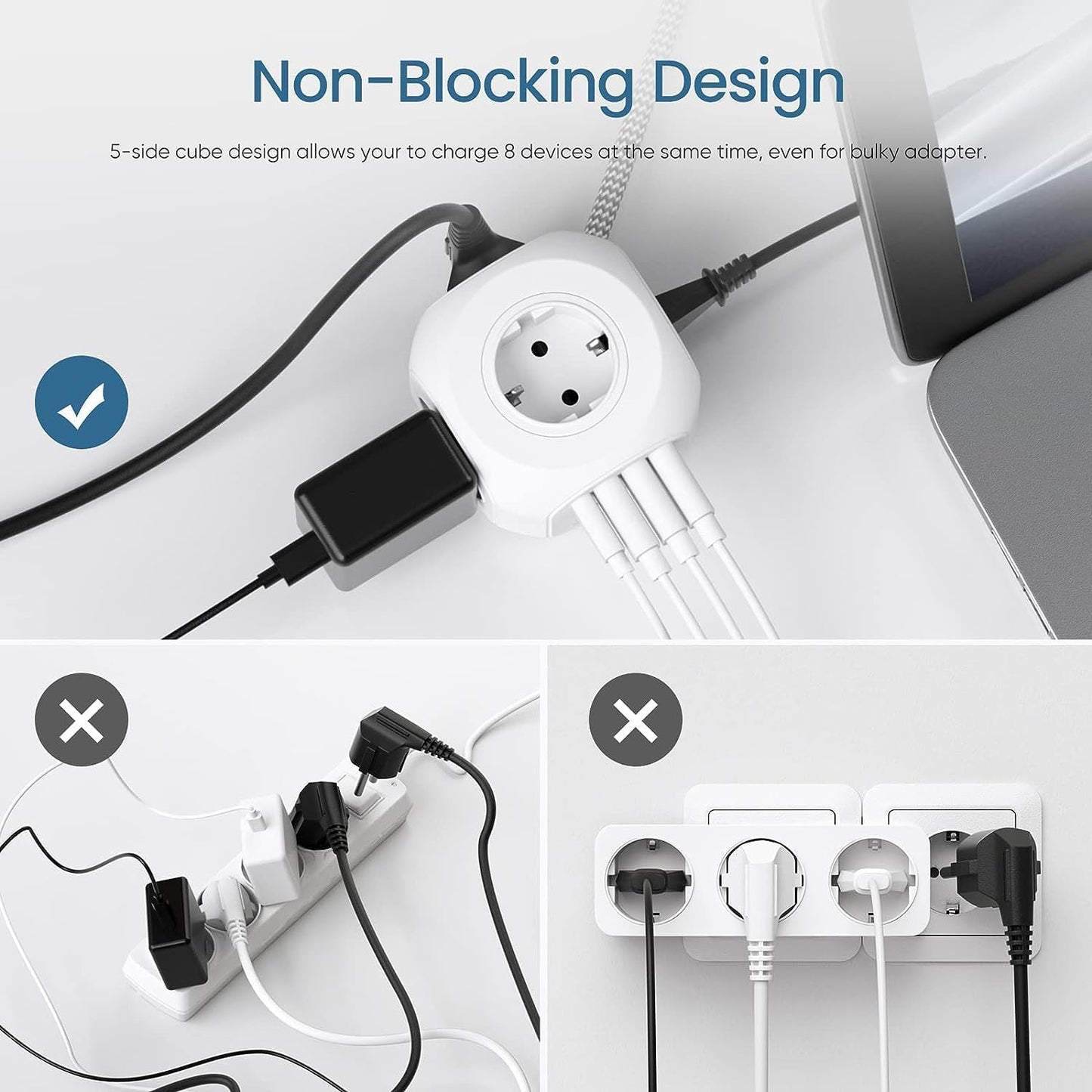 LENCENT 4 Fach Steckdosenleiste Mehrfachsteckdosen 8 in 1 Cube mit 3 USB, 1 Typ-C Weiß