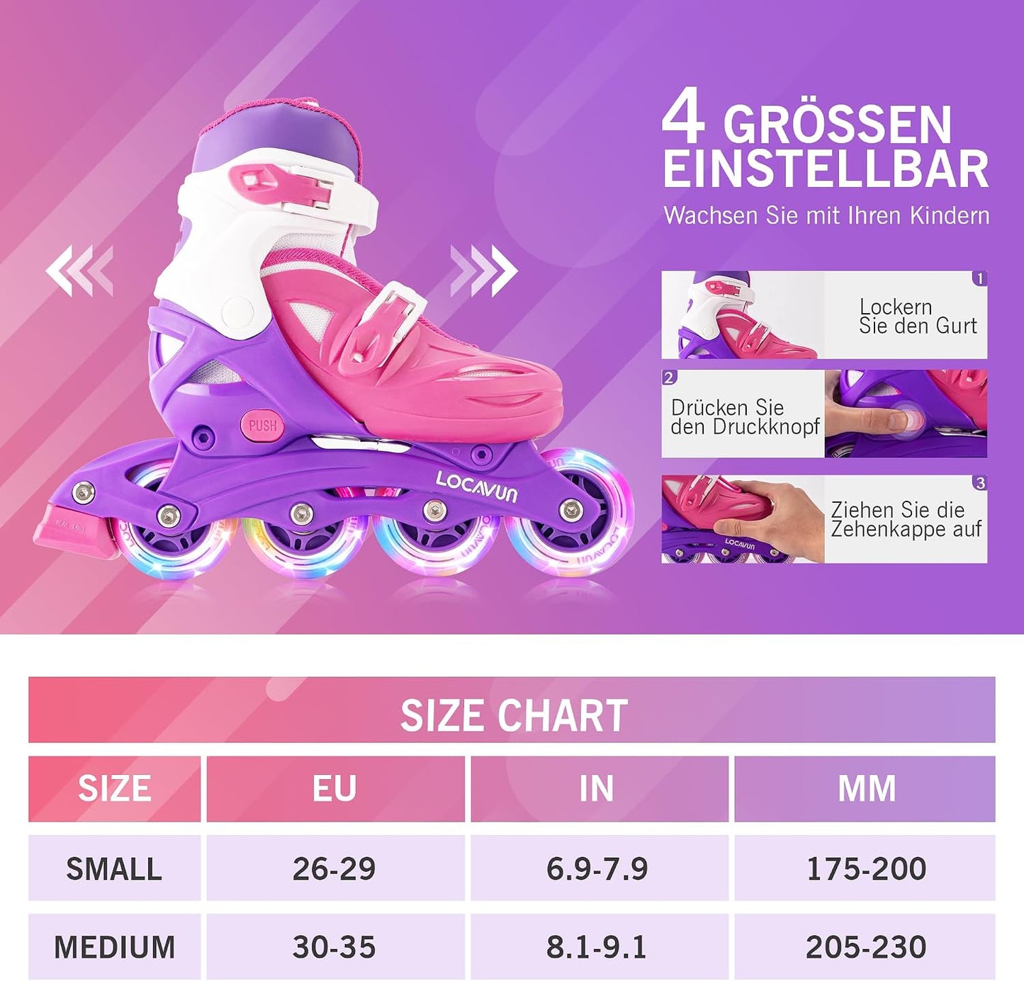 Locavun Inliner Kinder 4 Größen Verstellbare Inline Skates für Mädchen  Medium(30-35EU)