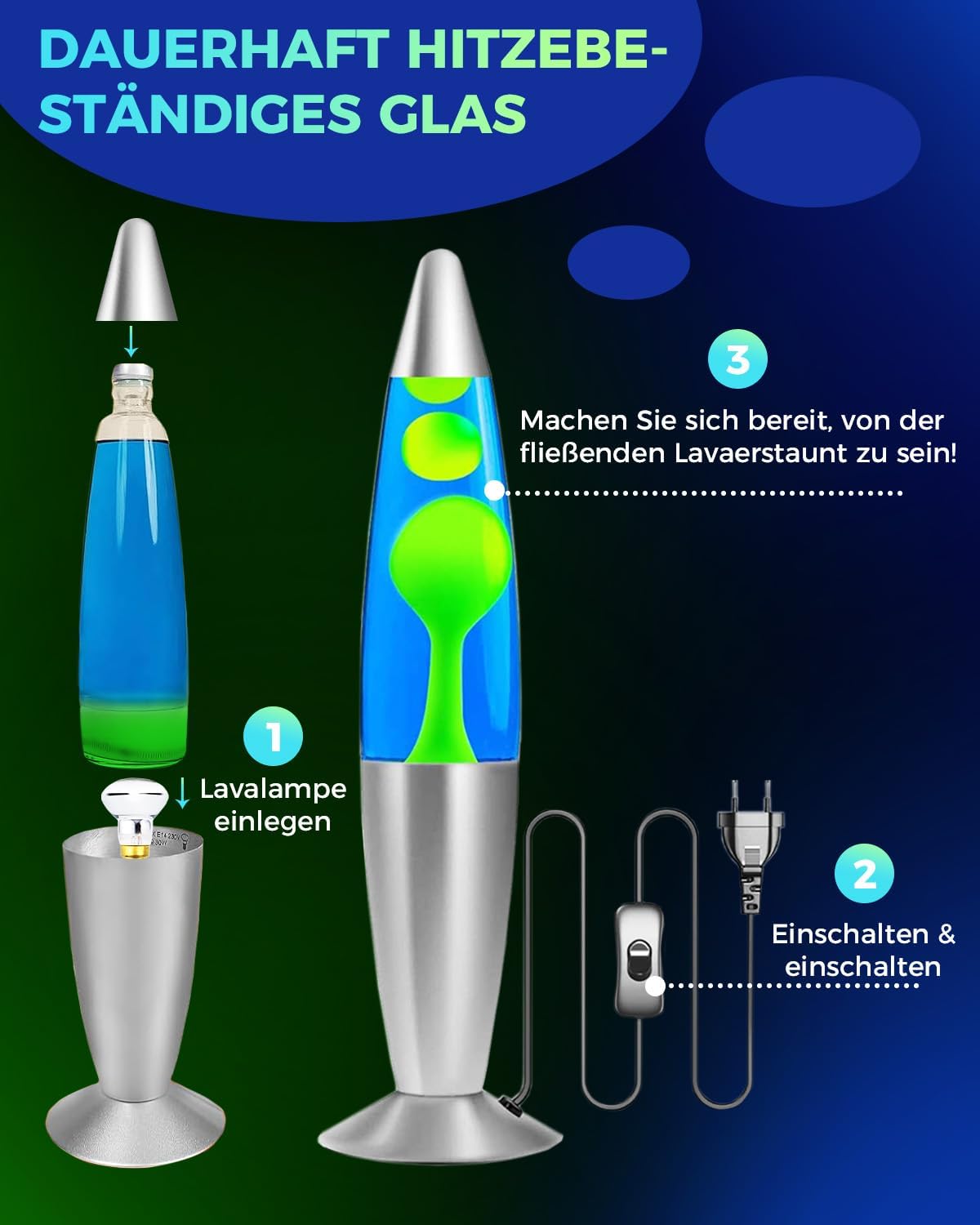 Lavalampe 13,5 Zoll Retro Rocket, Grün Wachs/Blau Wasser 1,85M Drähte