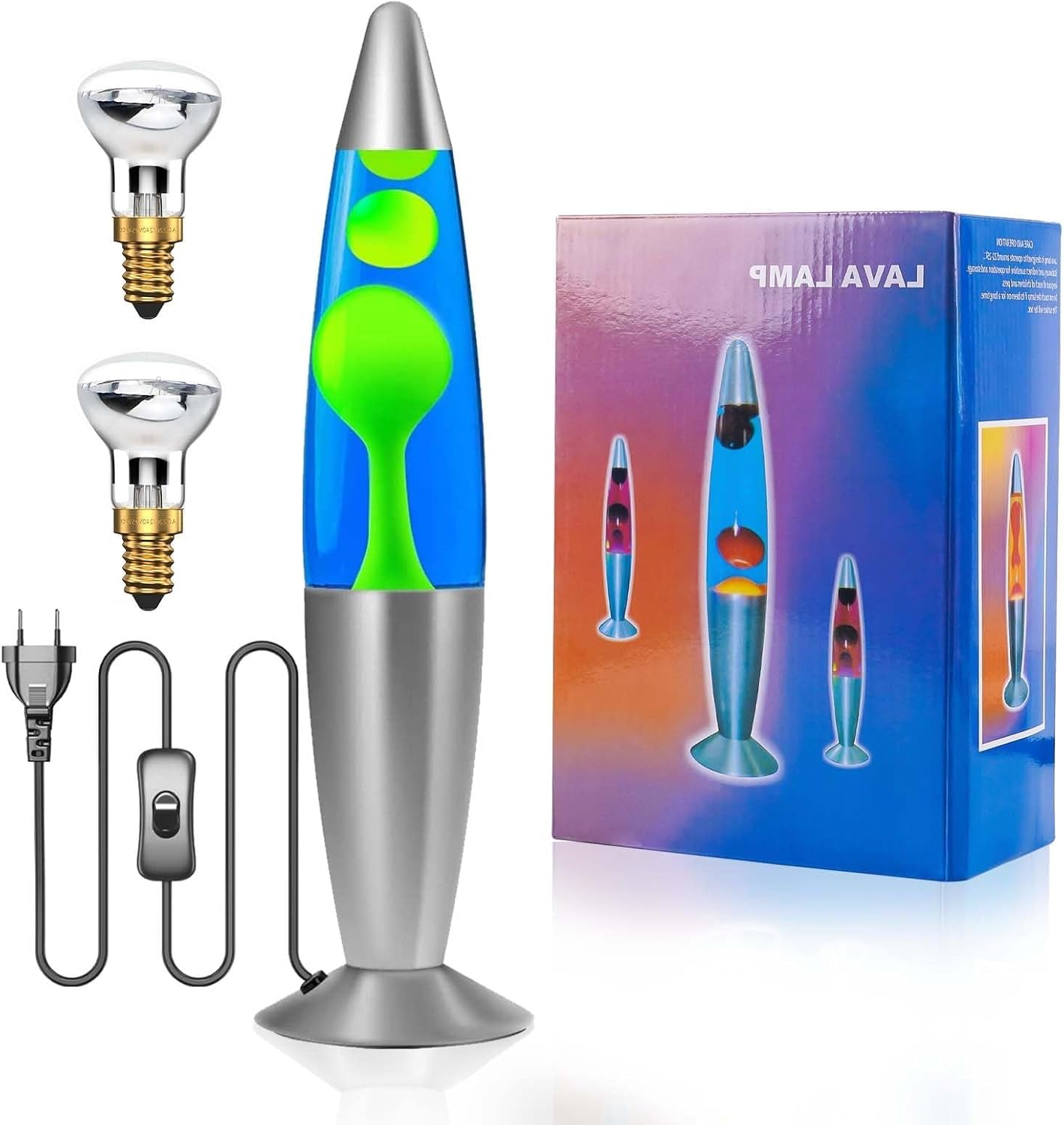 Lavalampe 13,5 Zoll Retro Rocket, Grün Wachs/Blau Wasser 1,85M Drähte
