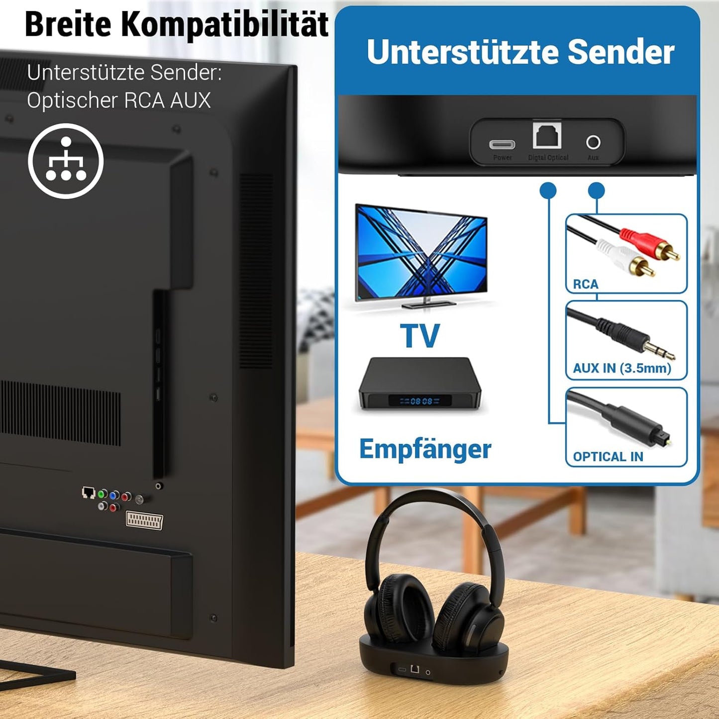 Letsactiv Funkkopfhörer für Fernseher, kabellose TV-Kopfhörer mit TV-Sender-Ladestation, Schwarz