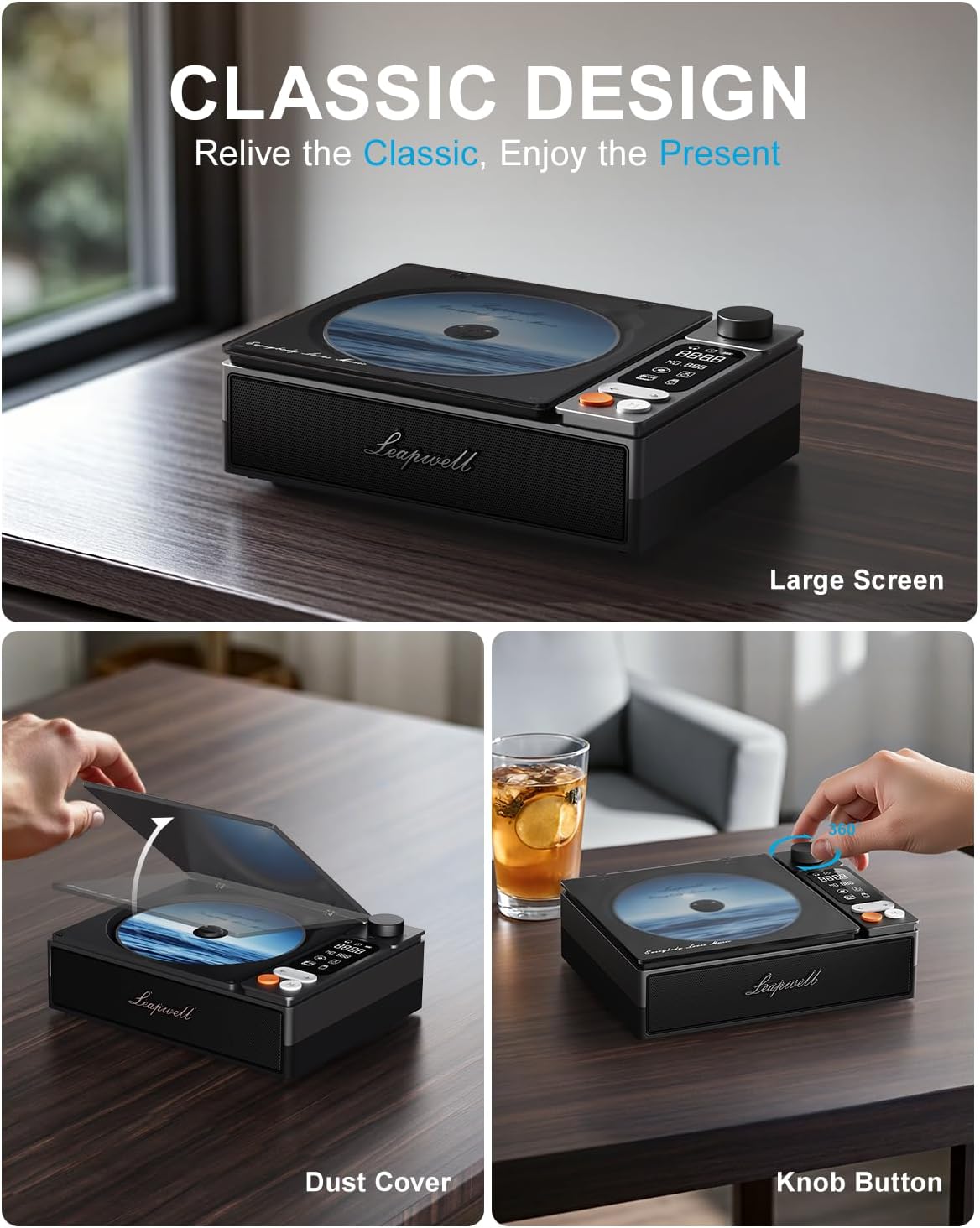 Leapwell CD Player Tragbarer Bluetooth Retro mit LCD Bildschirm Optisch USB Schwarz