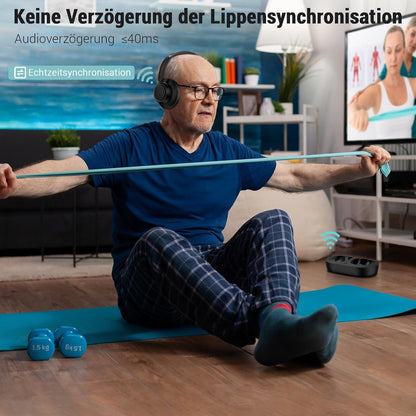 Letsactiv Funkkopfhörer für Fernseher, kabellose TV-Kopfhörer mit TV-Sender-Ladestation, Schwarz