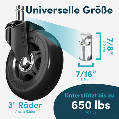 Lifelong Bürostuhl Rollen 5er-Set, Schaftgröße 11X22mm, Bürostuhl-Räder Ersatzrollen Schwarz