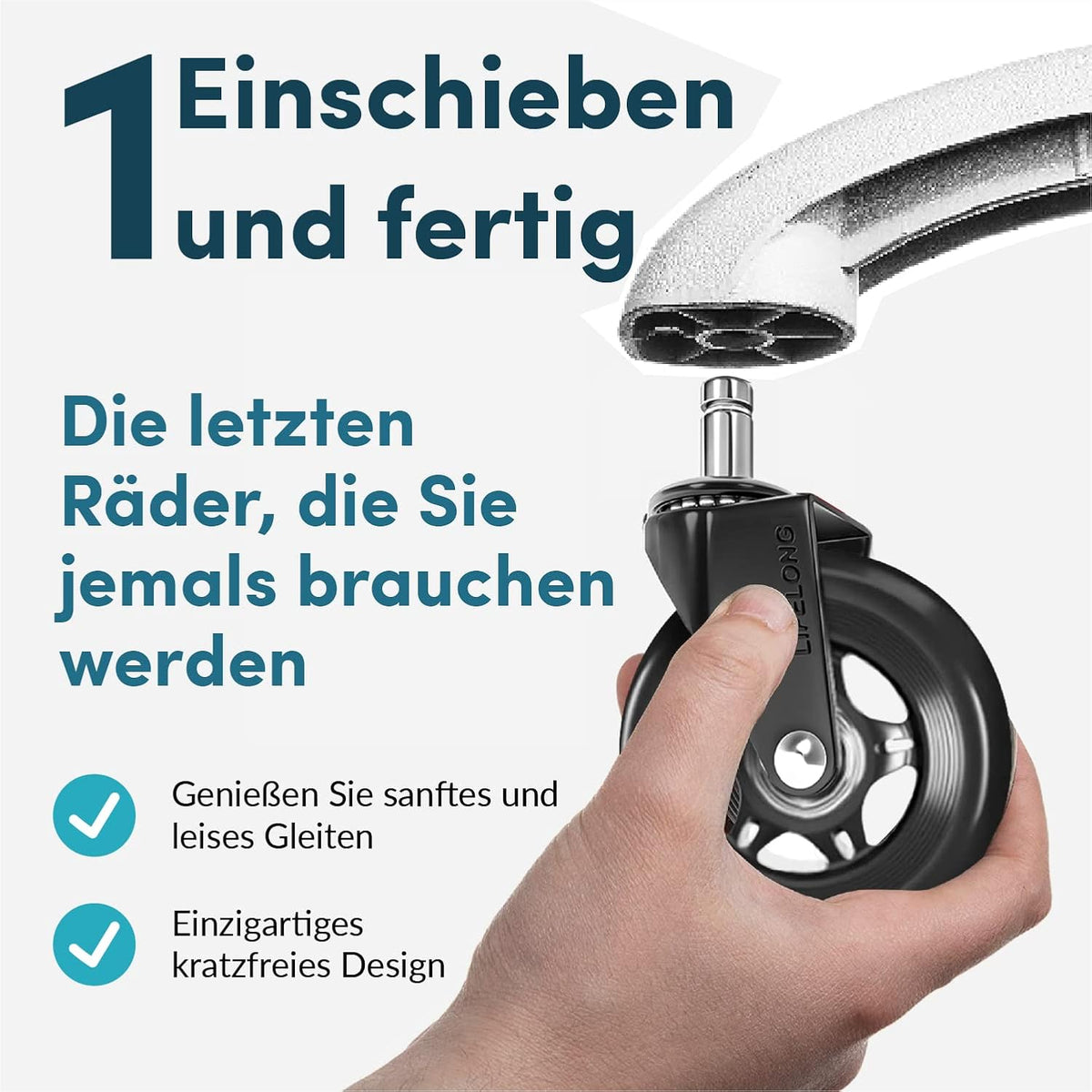 Lifelong Bürostuhl Rollen 5er-Set, Schaftgröße 11X22mm, Bürostuhl-Räder Ersatzrollen Schwarz