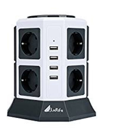 Bloc d'alimentation Lidlife TP-VA4U8E (8 boîtiers, 4 tiroirs USB, câble de 2 m, protection contre les surtensions, 2 500 W, blanc)