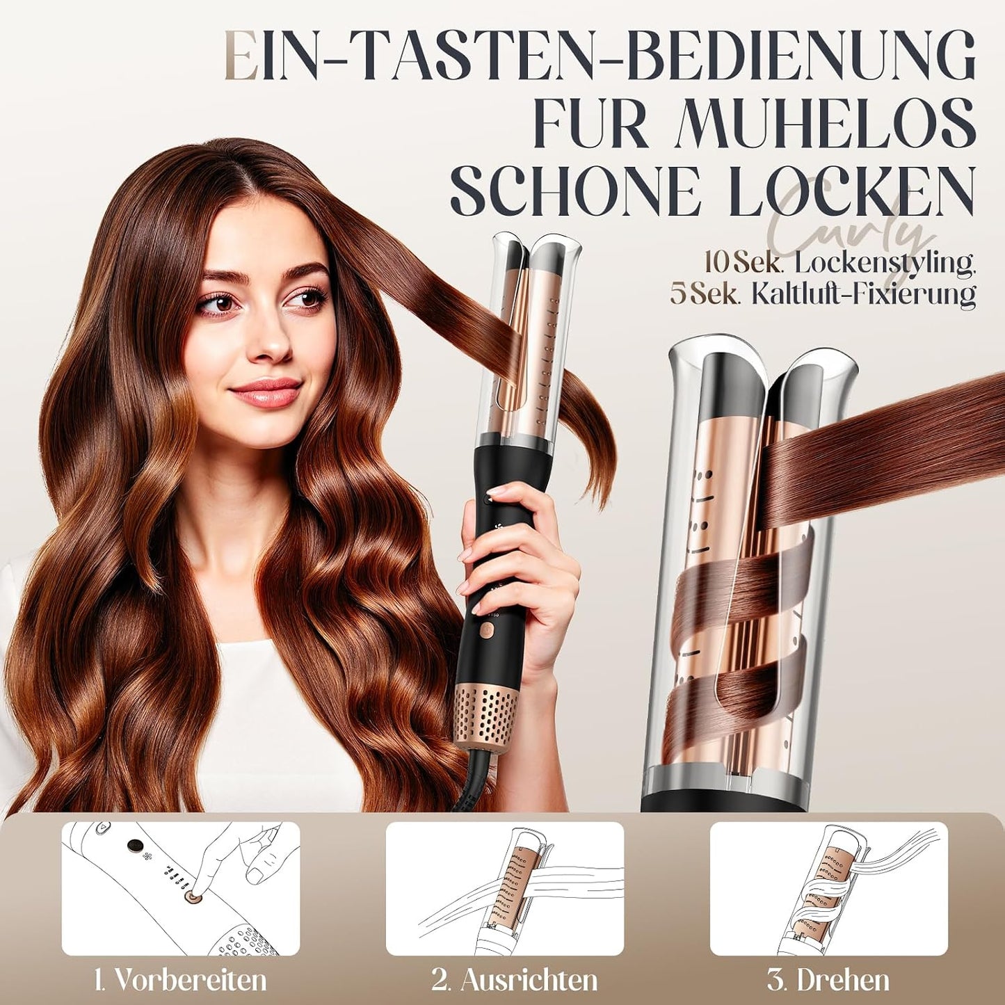 Lookmate Automatischer Lockenstab mit Kaltluft, 32 mm,4 Temp. Ionen Tech.Roségold