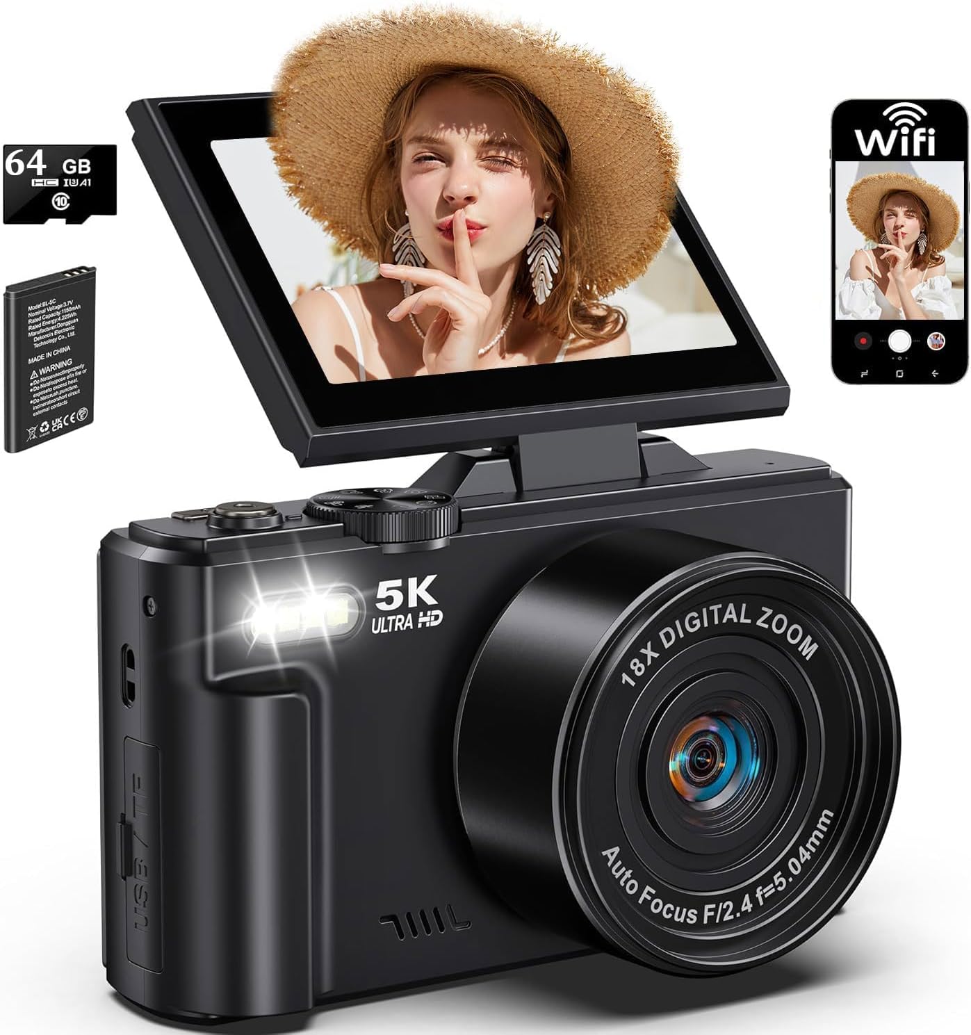 LONGYI Digitalkamera 5K 75MP Kamera WLAN, 64GB Speicherkarte, 18-fachem Zoom
