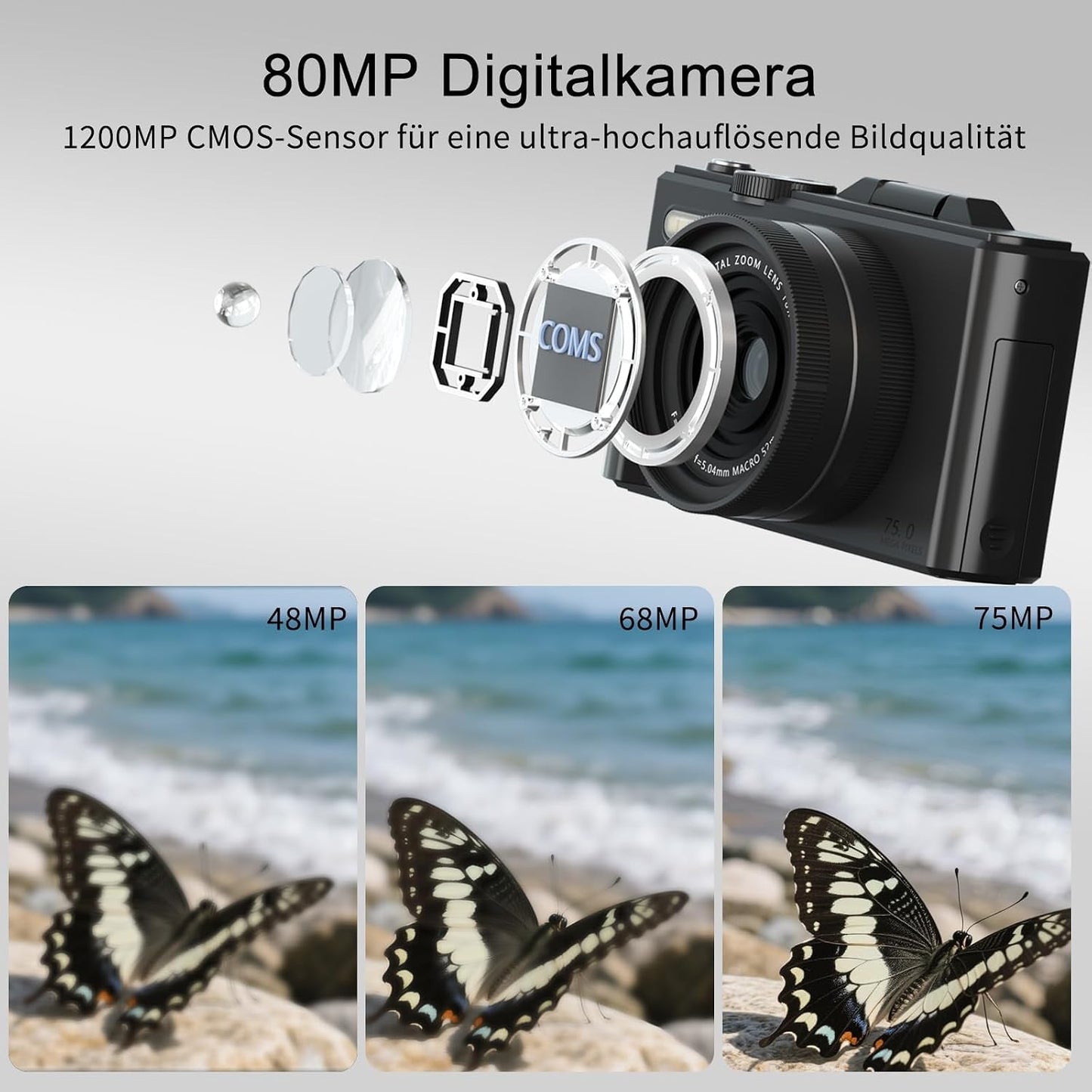 LONGYI Digitalkamera 5K 75MP Kamera WLAN, 64GB Speicherkarte, 18-fachem Zoom