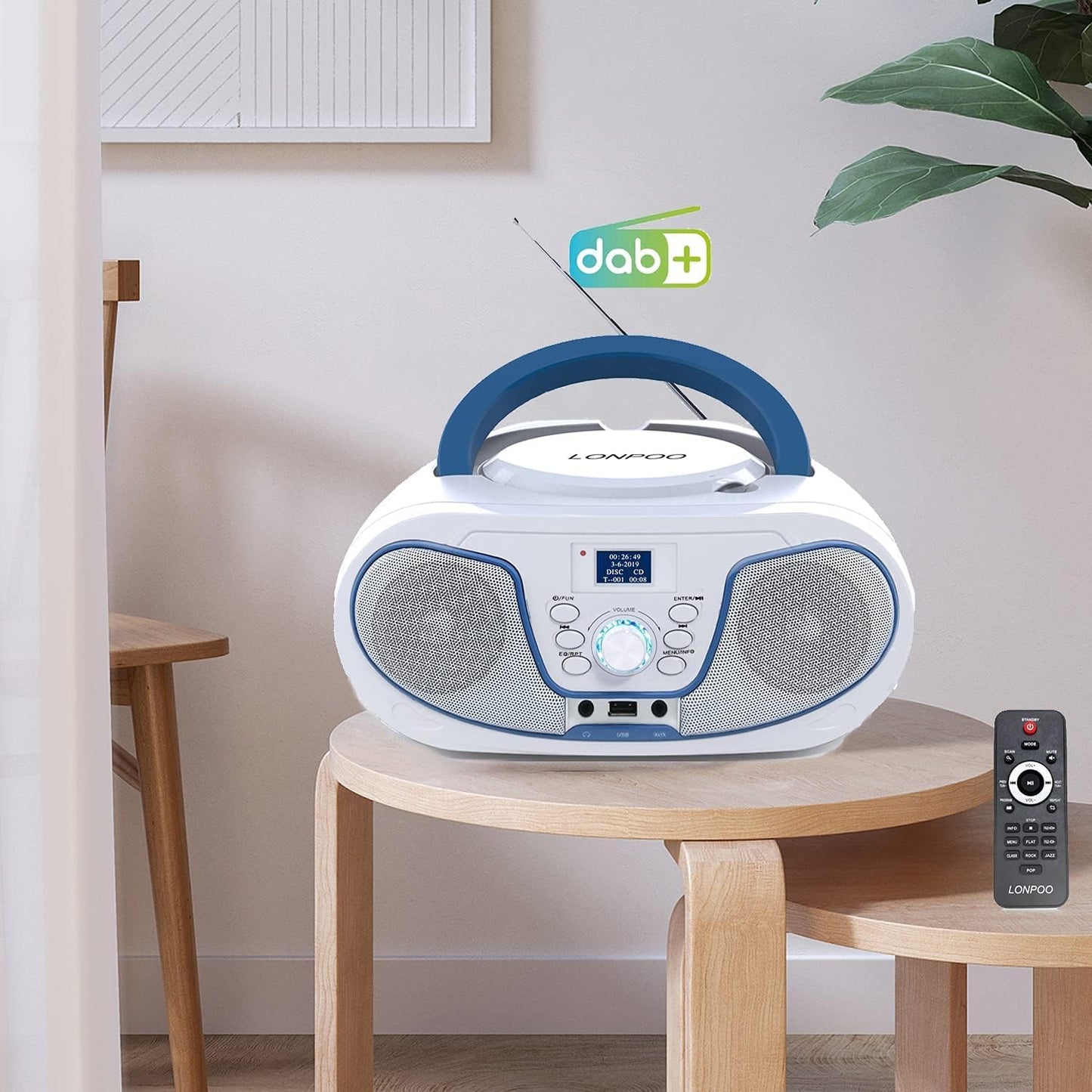 Radio Boombox DAB+ LONPOO, lecteur CD échangeable, Bluetooth, radio UKW, entrée USB, entrée AUX, télécommande, 2 x 2 W RMS stéréo Boombox (blanc)