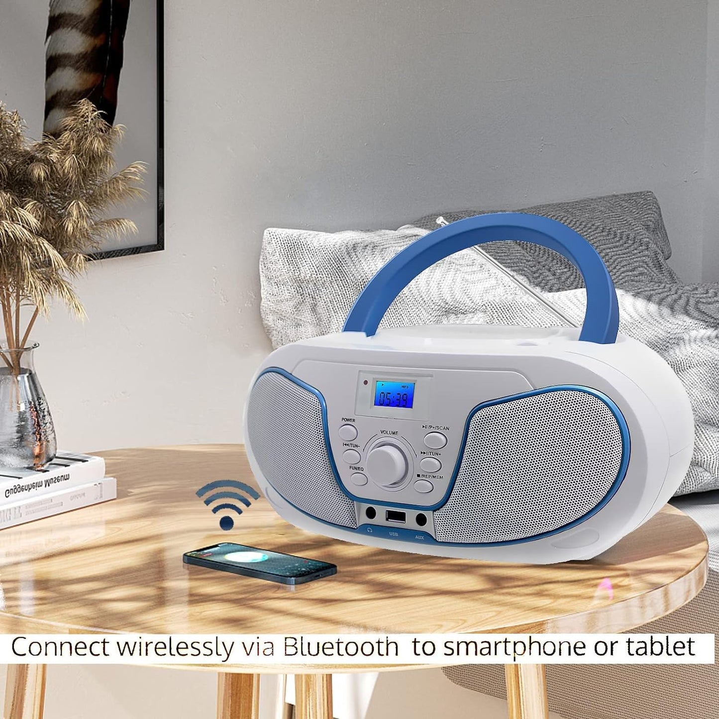 Radio Boombox DAB+ LONPOO, lecteur CD échangeable, Bluetooth, radio UKW, entrée USB, entrée AUX, télécommande, 2 x 2 W RMS stéréo Boombox (blanc)