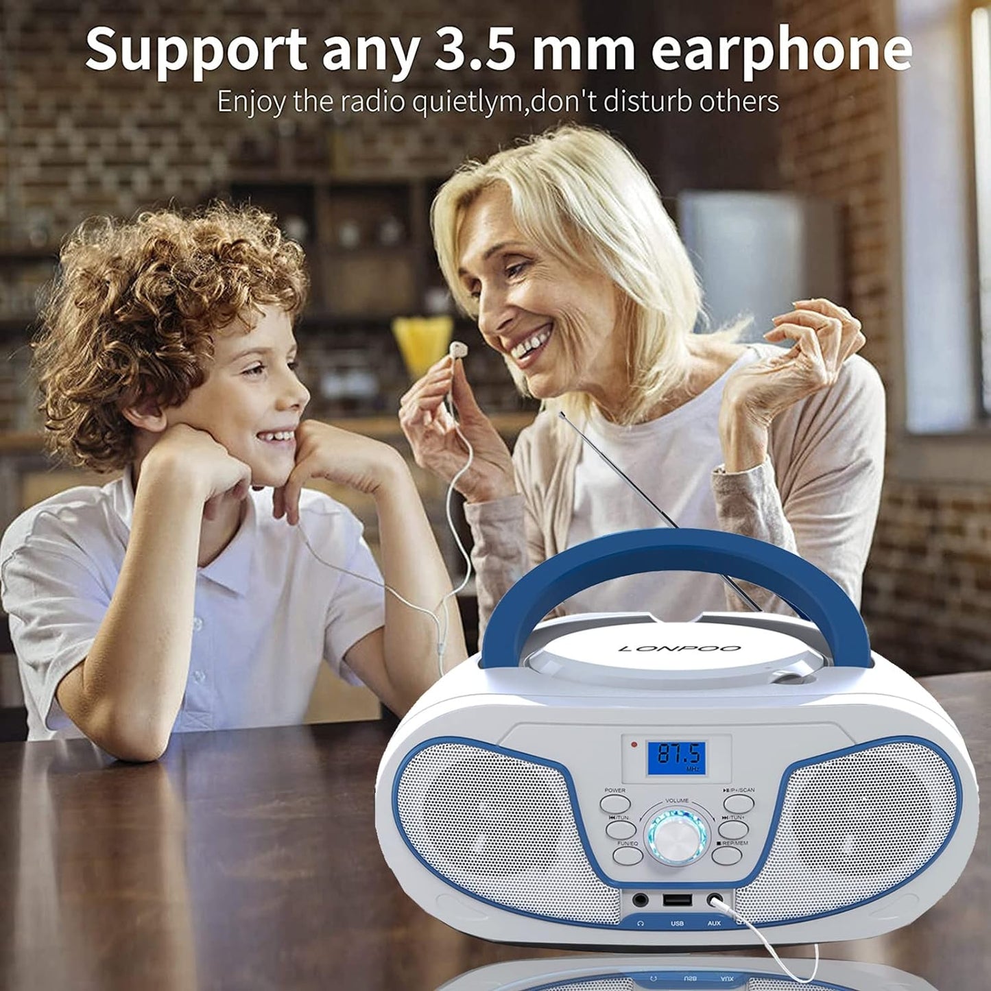 Radio Boombox DAB+ LONPOO, lecteur CD échangeable, Bluetooth, radio UKW, entrée USB, entrée AUX, télécommande, 2 x 2 W RMS stéréo Boombox (blanc)