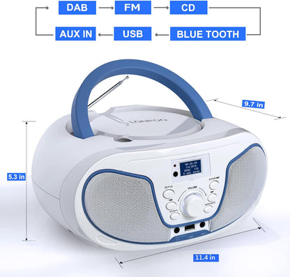 Radio Boombox DAB+ LONPOO, lecteur CD échangeable, Bluetooth, radio UKW, entrée USB, entrée AUX, télécommande, 2 x 2 W RMS stéréo Boombox (blanc)