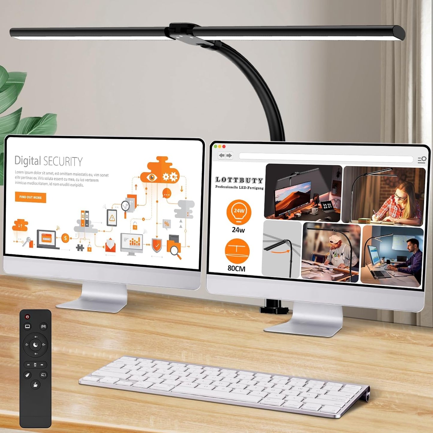 LOTTBUTY Doppelkopf Schreibtischlampe LED dimmbar,24W 80CM (Schwarz,Klemmbar) 