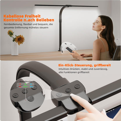 LOTTBUTY Doppelkopf Schreibtischlampe LED dimmbar,24W 80CM (Schwarz,Klemmbar) 