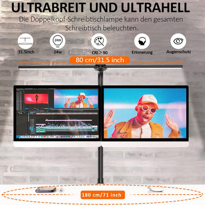 LOTTBUTY Doppelkopf Schreibtischlampe LED dimmbar,24W 80CM (Schwarz,Klemmbar) 