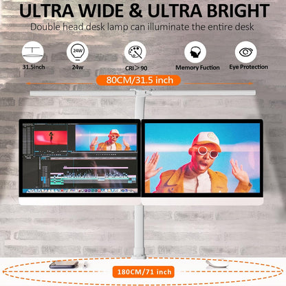 LOTTBUTY Doppelkopf Schreibtischlampe LED dimmbar,24W 80CM klemmbar Weiß