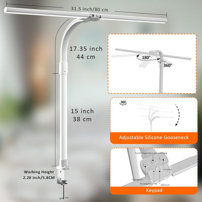 LOTTBUTY Doppelkopf Schreibtischlampe LED dimmbar,24W 80CM klemmbar Weiß