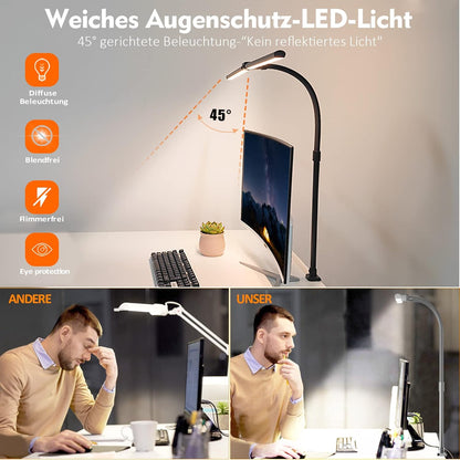 LOTTBUTY Doppelkopf Schreibtischlampe LED dimmbar,24W 80CM (Schwarz,Klemmbar) 