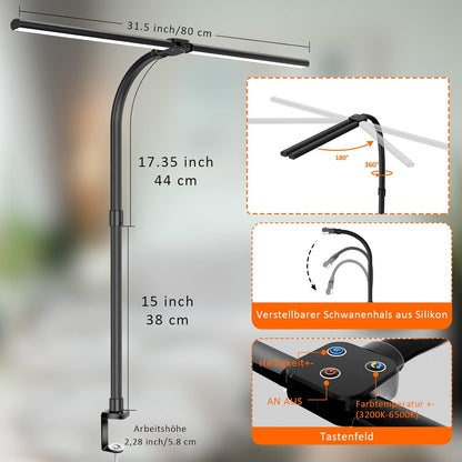 LOTTBUTY Doppelkopf Schreibtischlampe LED dimmbar,24W 80CM (Schwarz,Klemmbar) 