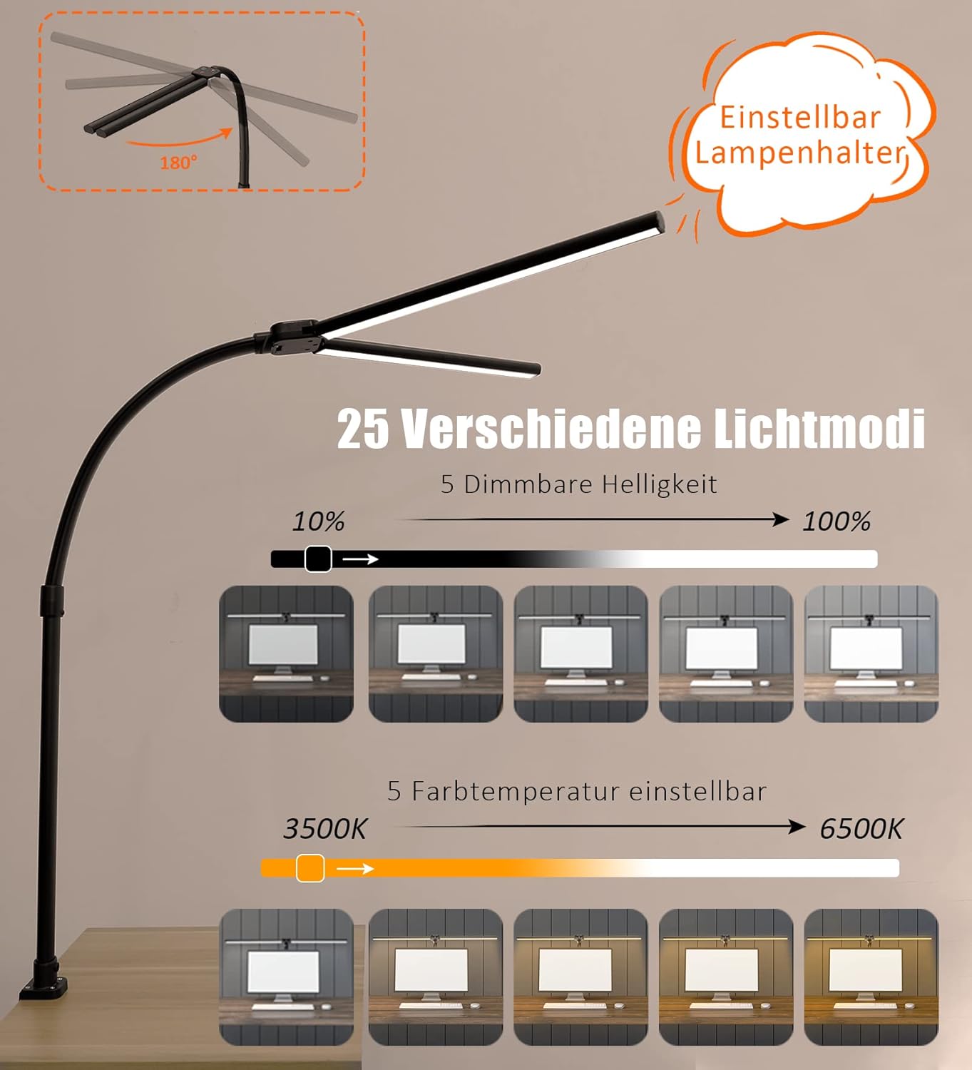LOTTBUTY Doppelkopf Schreibtischlampe LED dimmbar,24W 80CM (Schwarz,Klemmbar) 