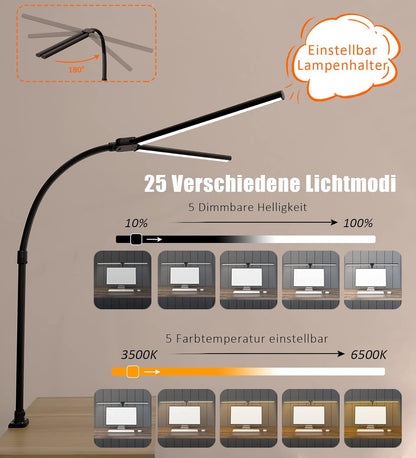 LOTTBUTY Doppelkopf Schreibtischlampe LED dimmbar,24W 80CM (Schwarz,Klemmbar) 