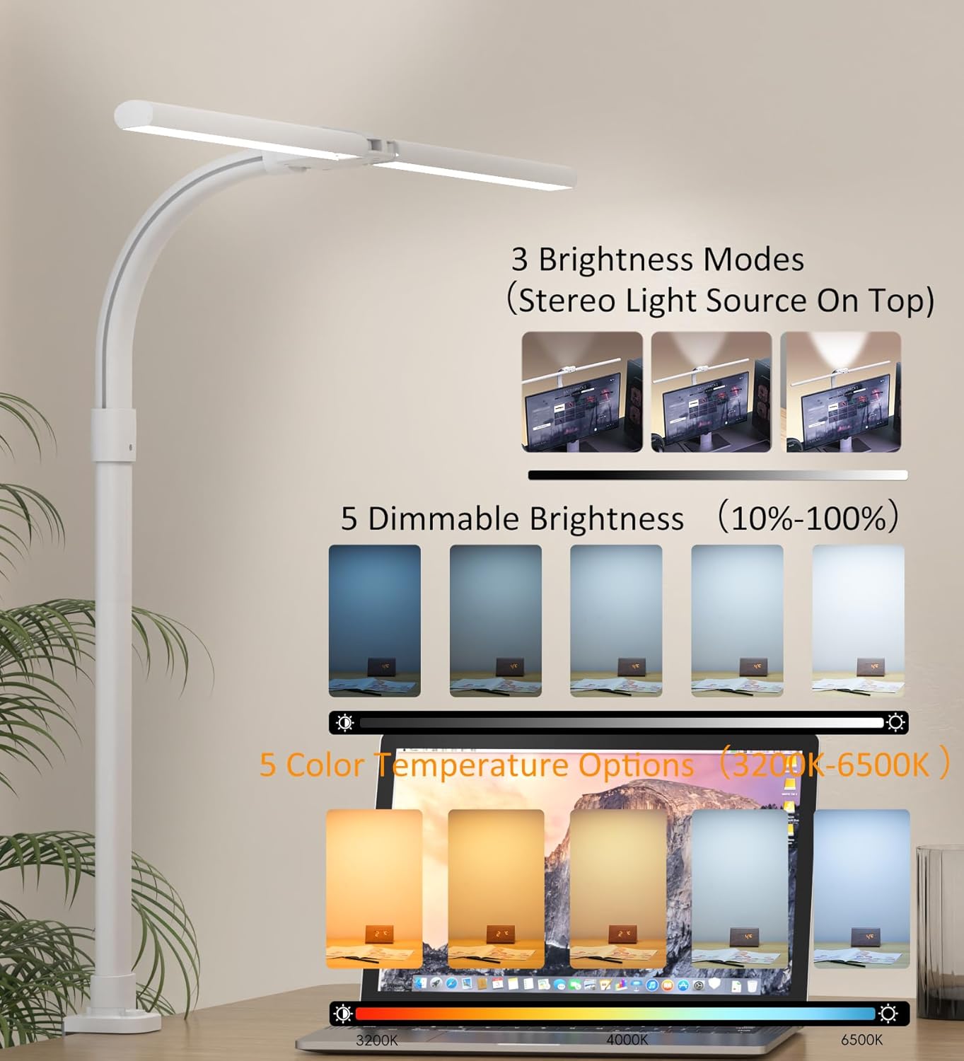 LOTTBUTY Doppelkopf Schreibtischlampe LED dimmbar,24W 80CM klemmbar Weiß
