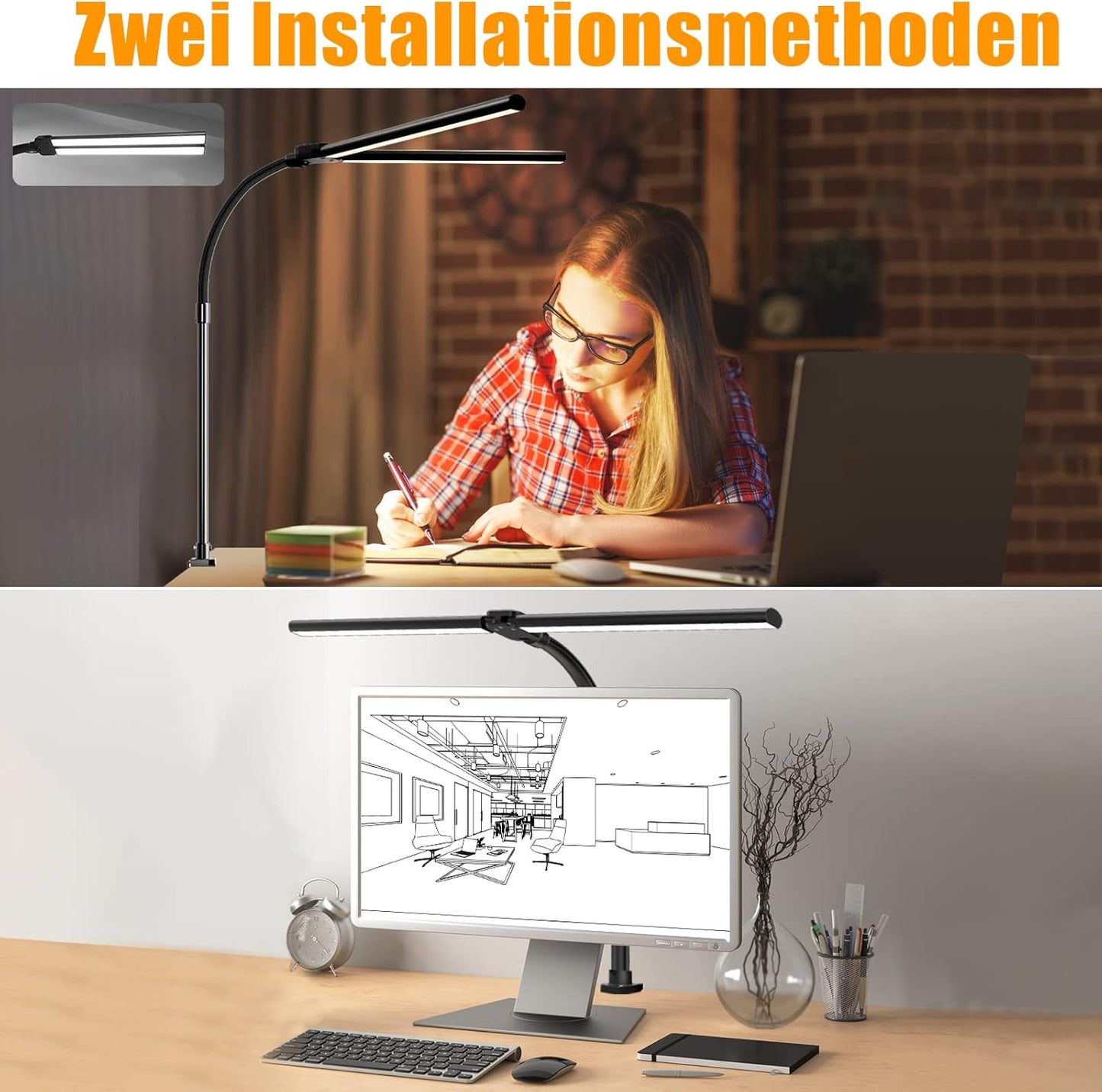 LOTTBUTY Doppelkopf Schreibtischlampe LED dimmbar,24W 80CM (Schwarz,Klemmbar) 