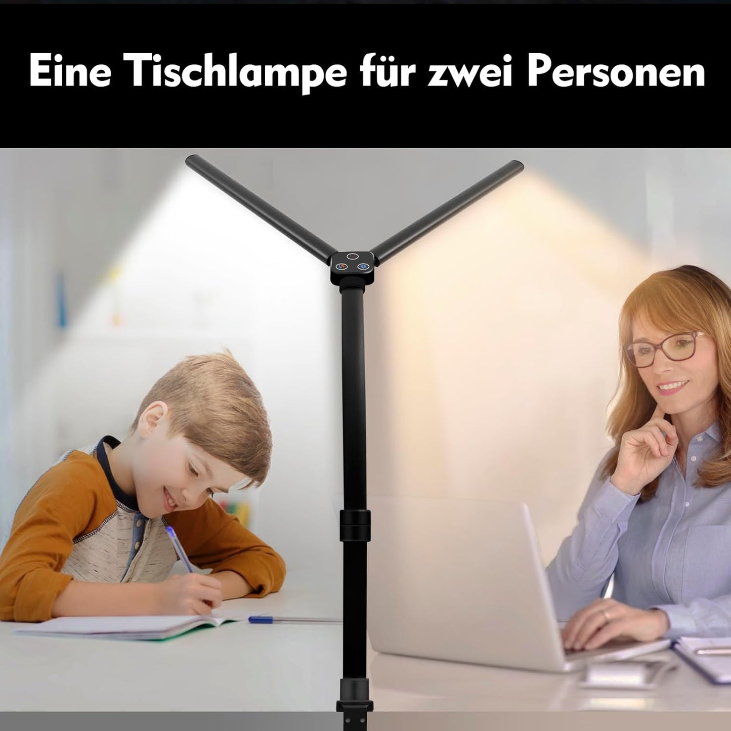 LOTTBUTY Doppelkopf Schreibtischlampe LED dimmbar,24W 80CM (Schwarz,Klemmbar) 