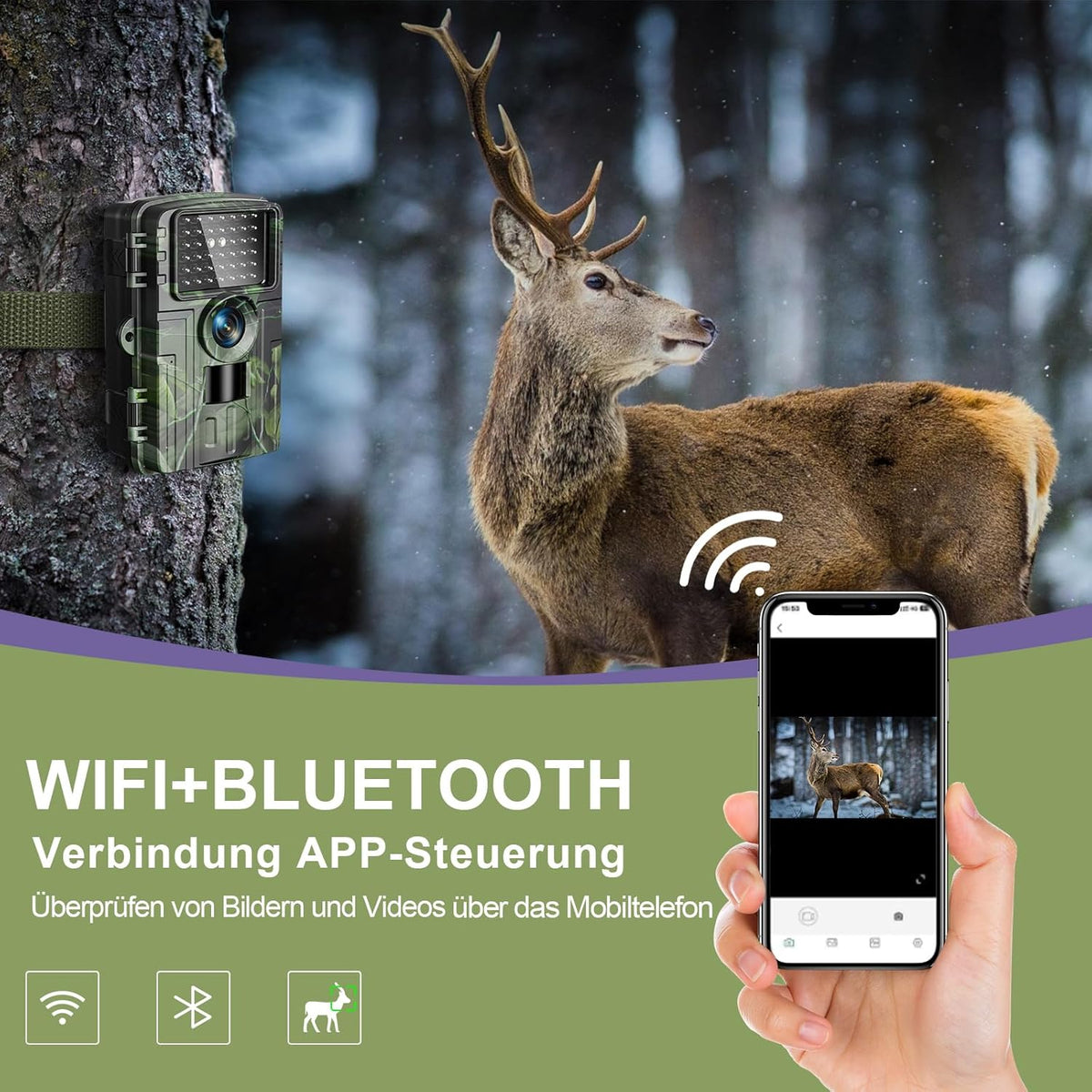 Lutranstra Wildkamera, 4K Video, 60MP, WLAN mit Handyübertragung APP, Bewegungssensor