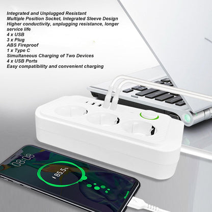 LUFEIS 4-Port USB A 3-Buchse 8 in 1 Steckdosenleiste mit breiter Anwendung und 2 m Kabel weiß
