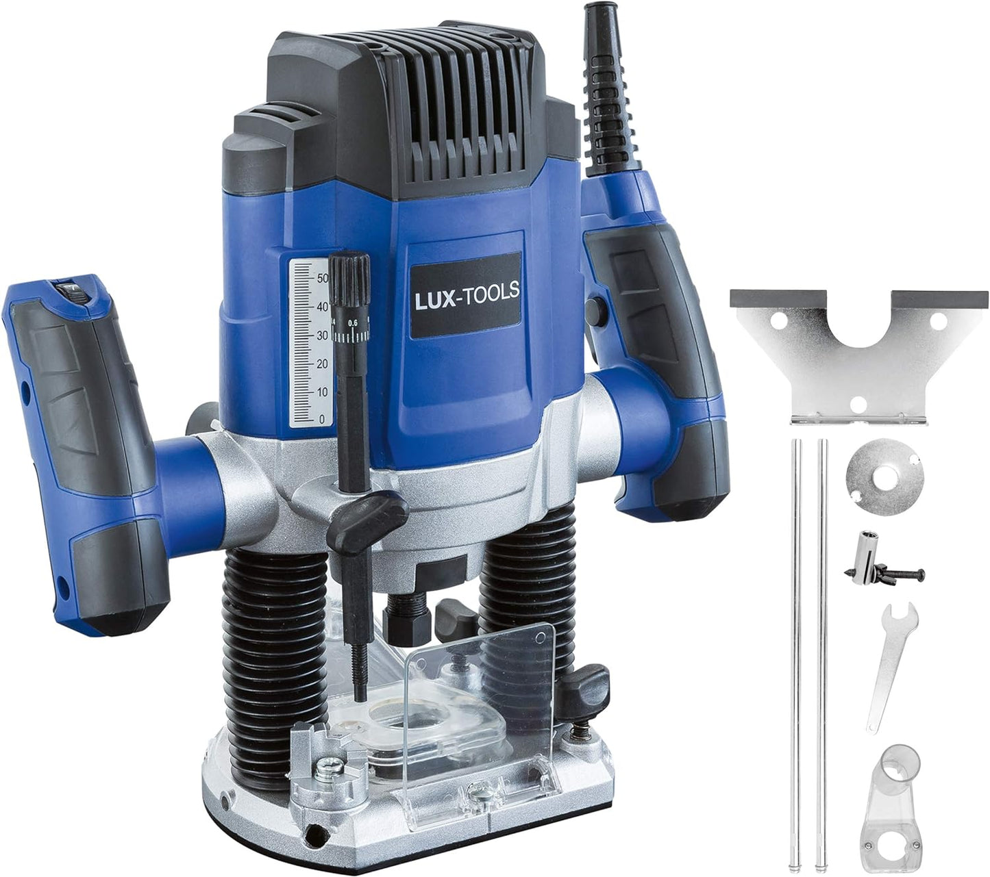 LUX-TOOLS OF-1200 A Oberfräse mit Tiefen-Feineinstellung inkl. Zirkel, Parallelanschlag, Staubsaugeranschluss &amp; Spanzange (8mm) | 230V 1200W Oberflächen-Fräse avec Hubhöhe de 50mm