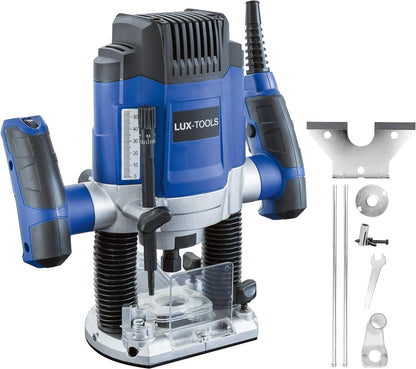 LUX-TOOLS OF-1200 A Oberfräse mit Tiefen-Feineinstellung inkl. Zirkel, Parallelanschlag, Staubsaugeranschluss &amp; Spanzange (8mm) | 230V 1200W Oberflächen-Fräse avec Hubhöhe de 50mm