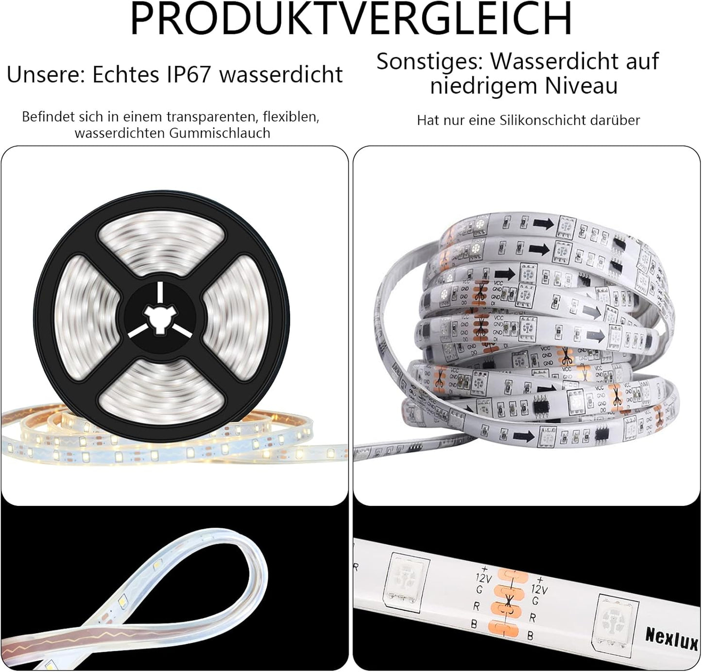 Solar LED Streifen, 5m LED Strip IP67 Wasserdichter, Dimmbare, USB-Stromkabel