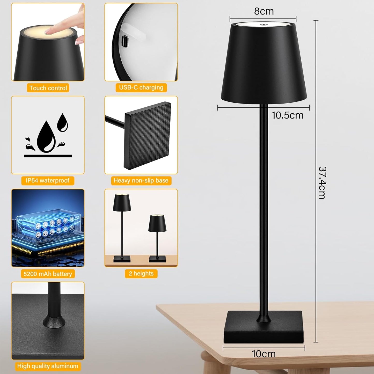 LIUWID 2 Stück kabellose wiederaufladbare LED Tischlampe, 5200 mAh mit 3 Farbmodi Schwarz