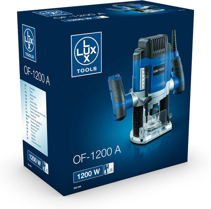 LUX-TOOLS OF-1200 A Oberfräse mit Tiefen-Feineinstellung inkl. Zirkel, Parallelanschlag, Staubsaugeranschluss &amp; Spanzange (8mm) | 230V 1200W Oberflächen-Fräse avec Hubhöhe de 50mm