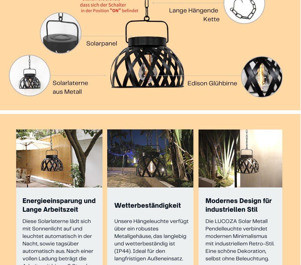 LUCOZA Solar Hängelampe aus Metall, Wasserdicht für Außen, Dekorative Industrielle Vintage Groß Gartenlaterne Windlicht Dekor