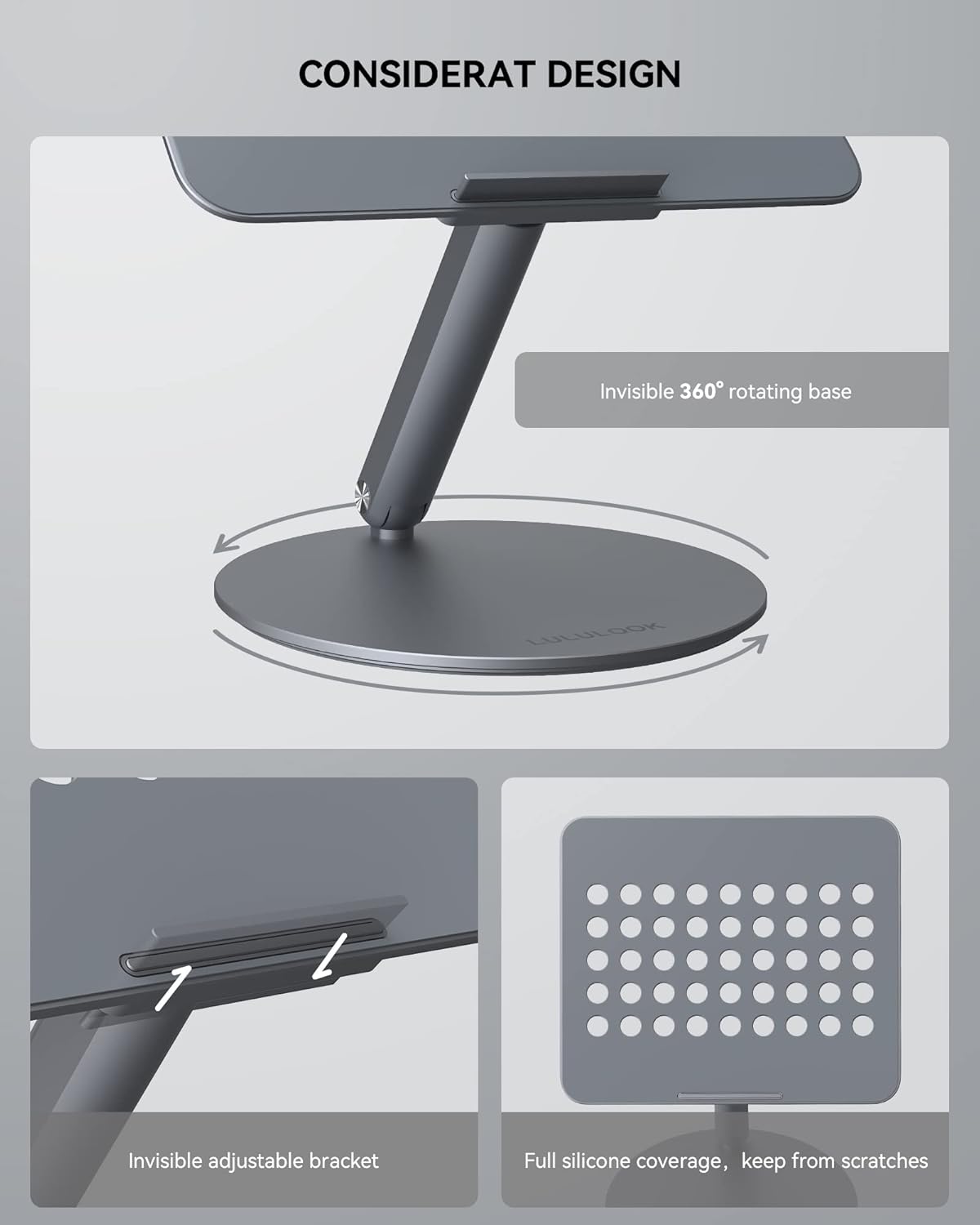 LULULOOK Faltbar Laptop Ständer mit 360° Drehbarer Basis Verstellbar Grau