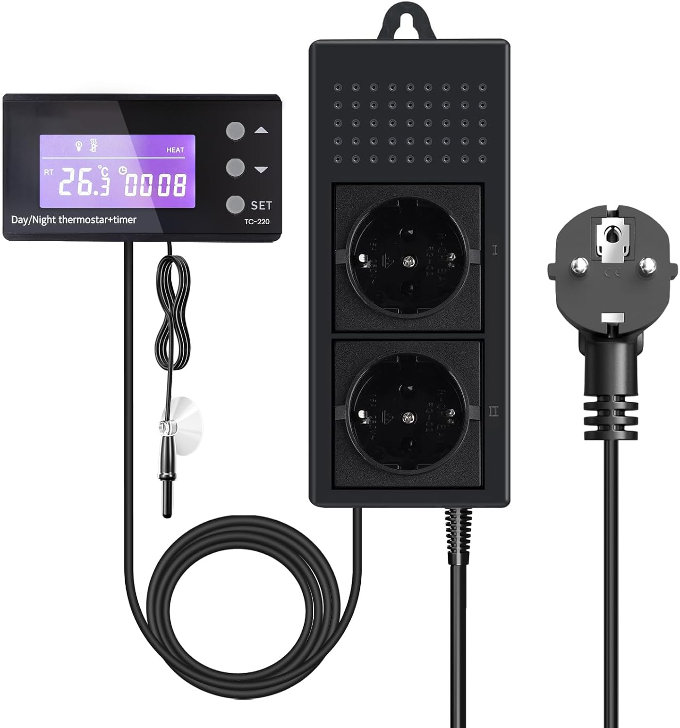 Luxvista 220V Reptilien Thermostat Terrarium Tag Nacht, mit Heizung Digital Zeitschaltuhr
