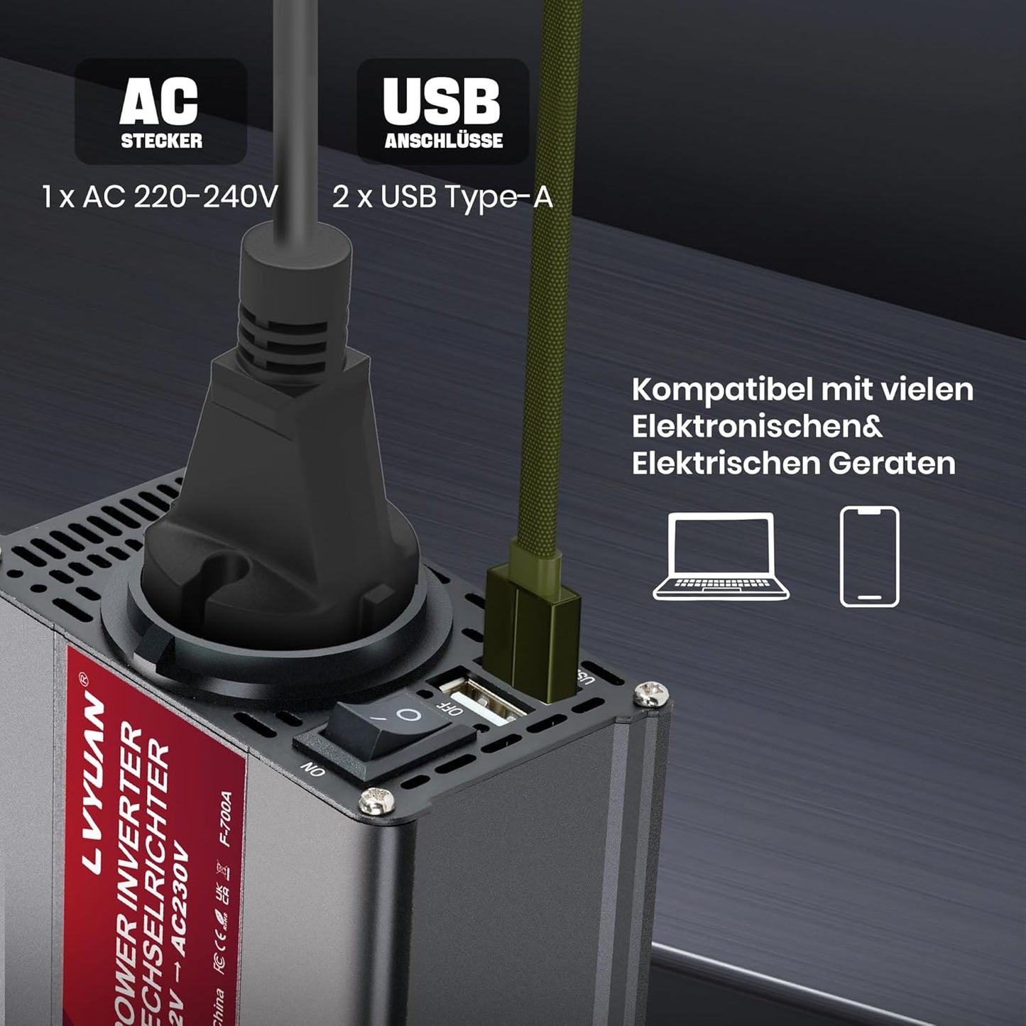 LVYUAN 700W Wechselrichter DC 12V auf 230V AC Spannungswandler Auto Konverter