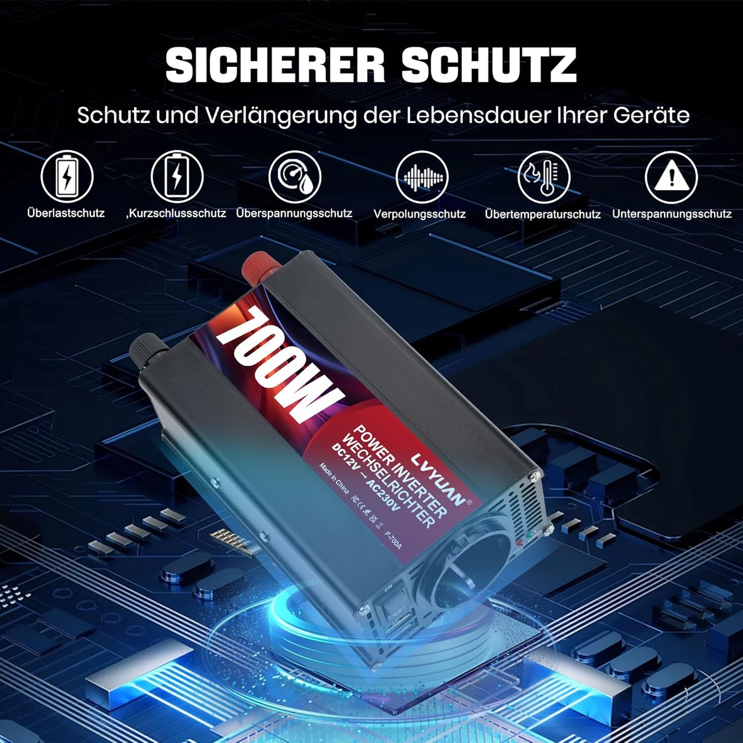 LVYUAN 700W Wechselrichter DC 12V auf 230V AC Spannungswandler Auto Konverter