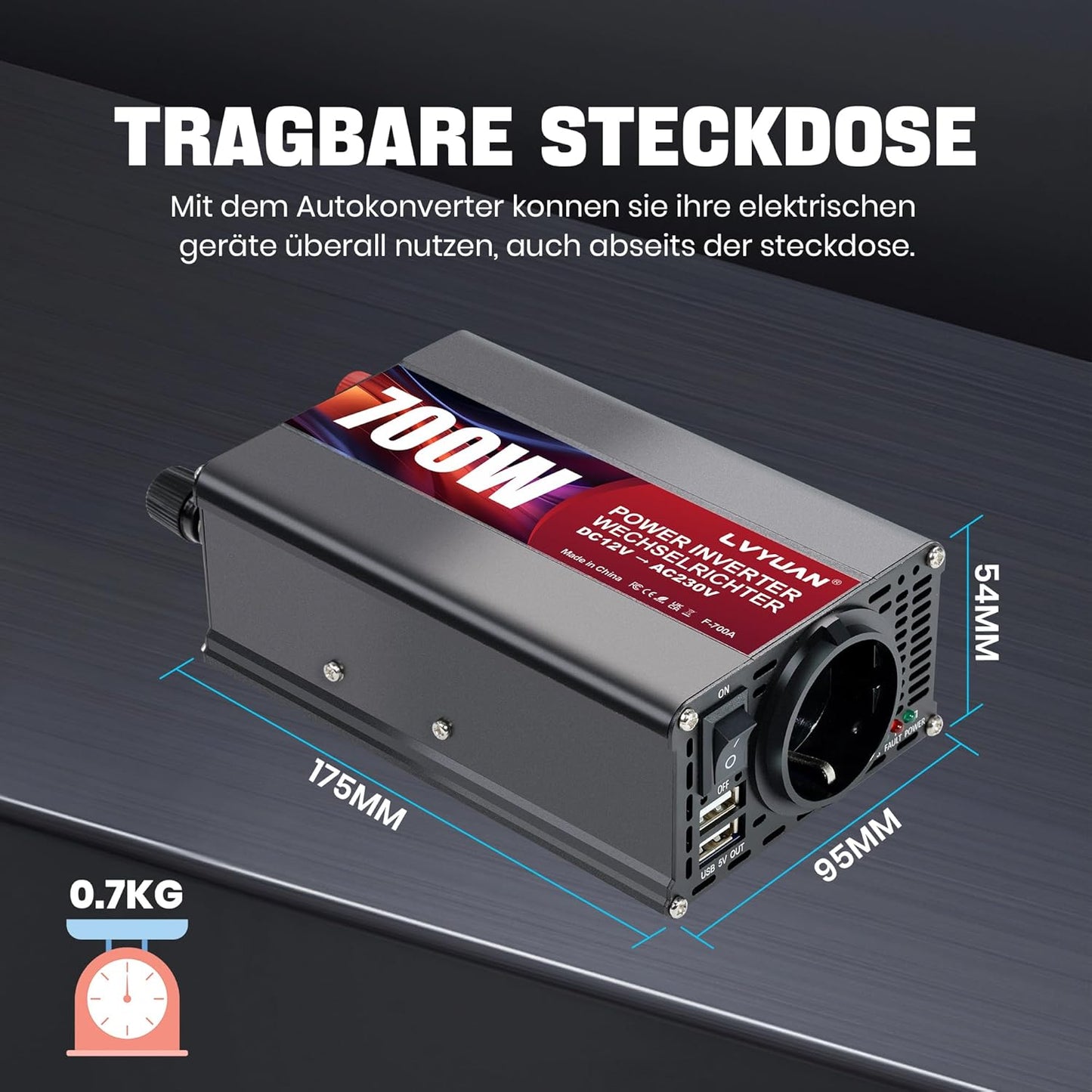 LVYUAN 700W Wechselrichter DC 12V auf 230V AC Spannungswandler Auto Konverter