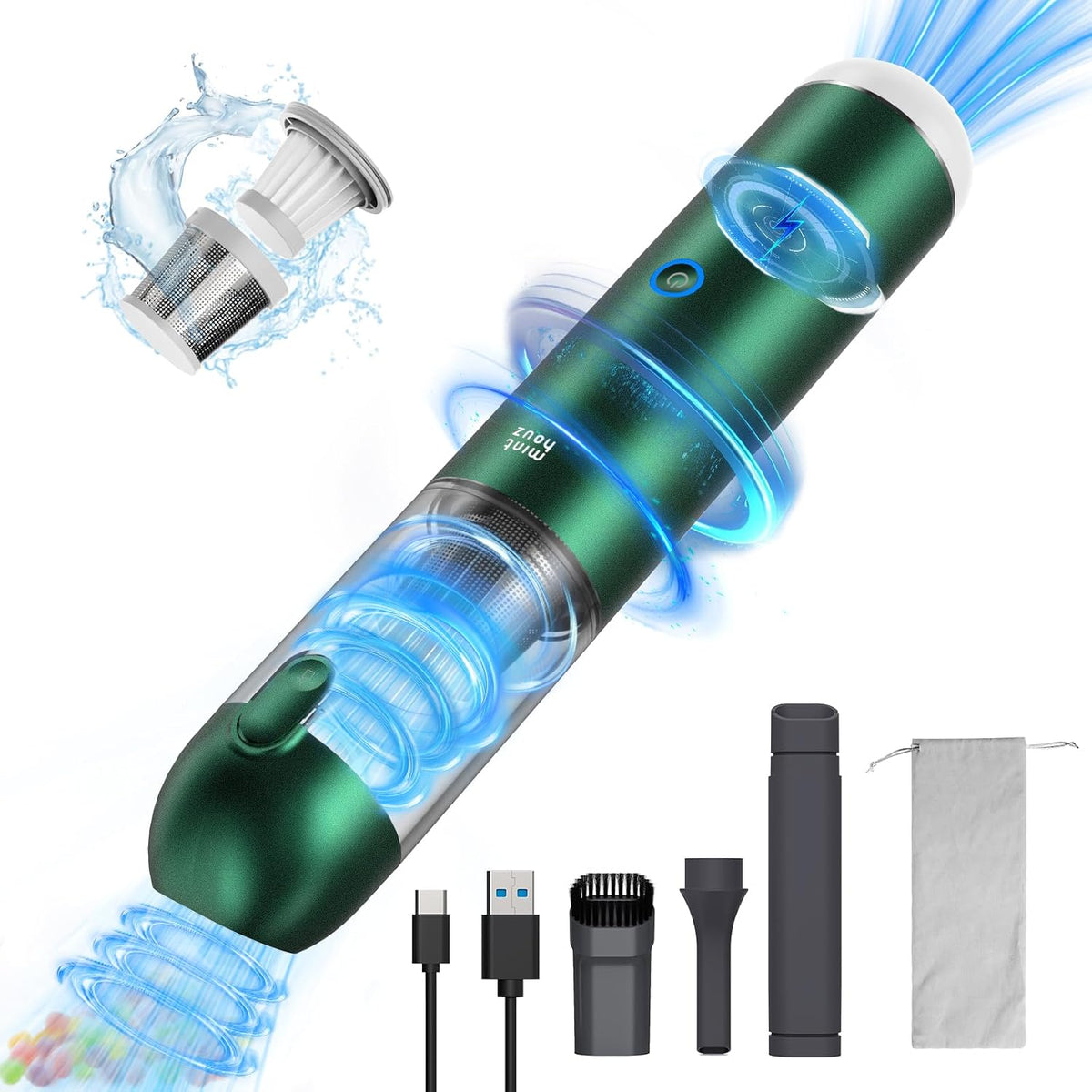 Minthouz Handstaubsauger Auto kabellos 17000Pa, 3-in-1 120W mit Gebläse & Licht, (Grün)