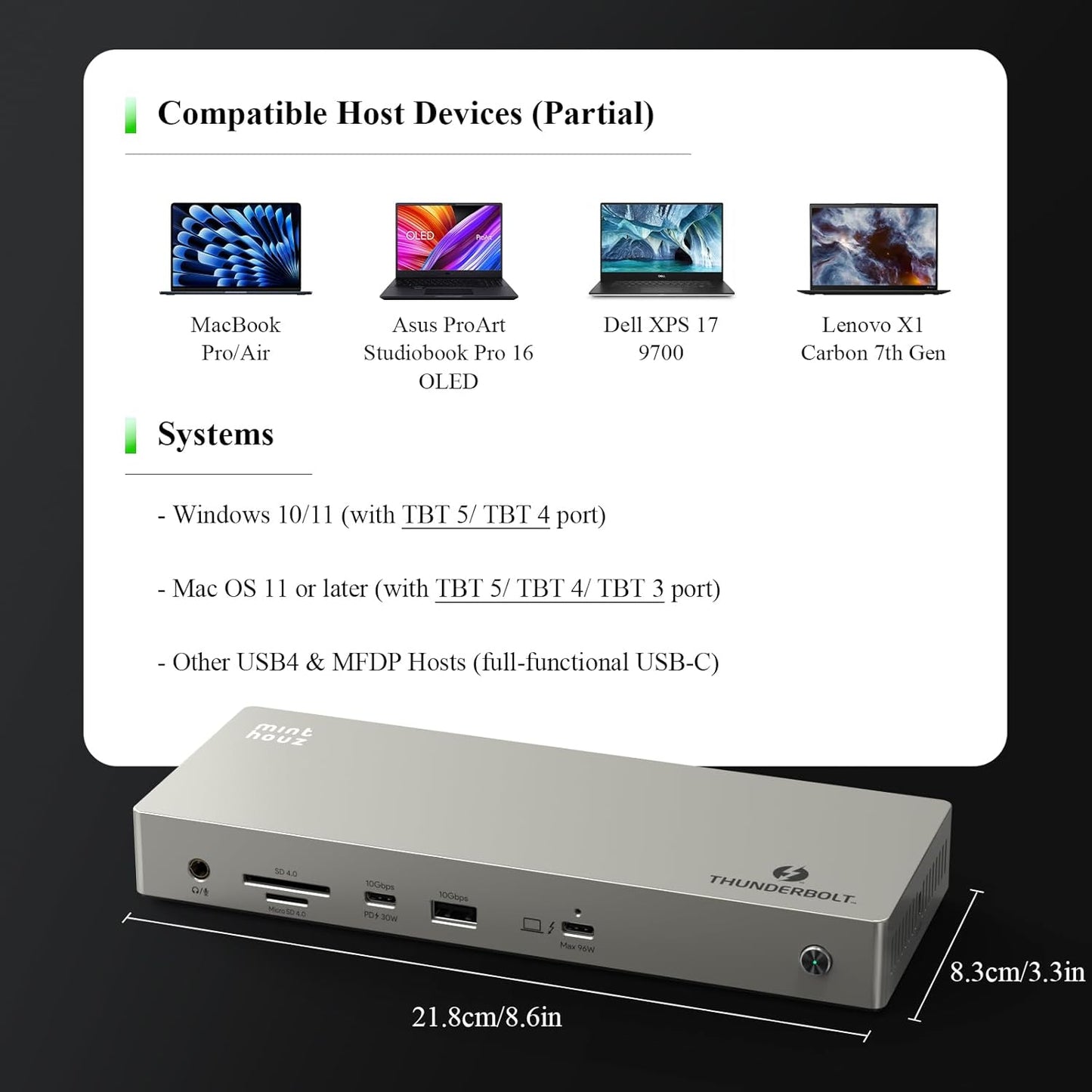 Minthouz Thunderbolt 4 Dock für HP, Lenovo, Dell und Mac,mit 8K Dual HDMI, 160 W Netzteil,