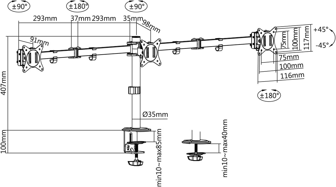 Monitor Halterung 3 Monitore Für (17–27") Longueur du bras : 658 mm