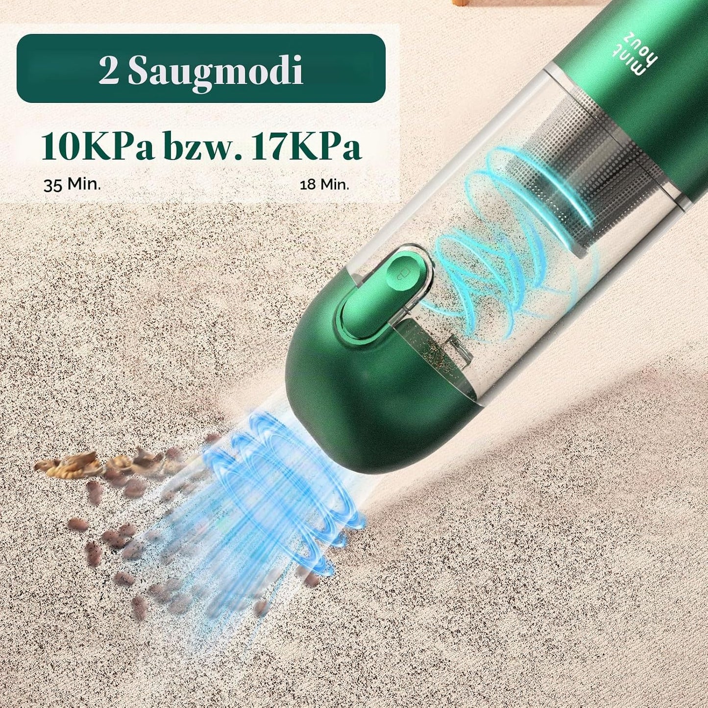 Minthouz Handstaubsauger Auto kabellos 17000Pa, 3-in-1 120W mit Gebläse & Licht, (Grün)