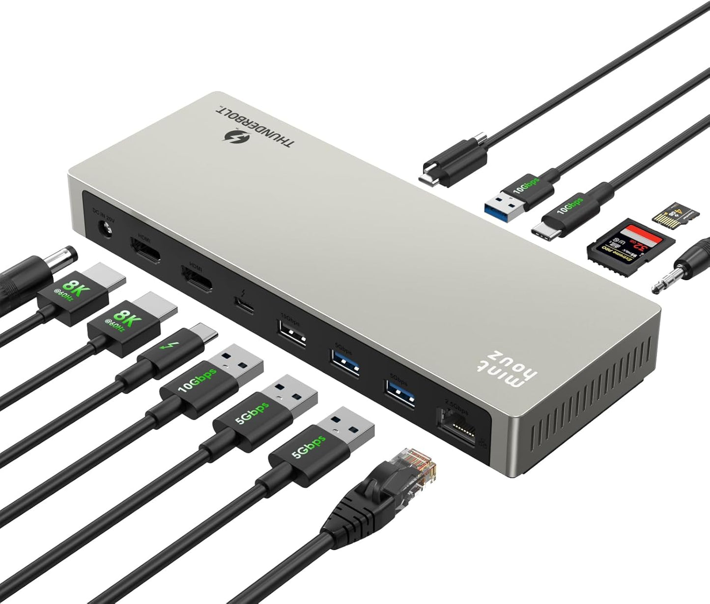 Minthouz Thunderbolt 4 Dock für HP, Lenovo, Dell und Mac,mit 8K Dual HDMI, 160 W Netzteil,