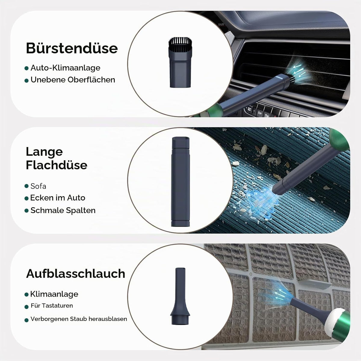 Minthouz Handstaubsauger Auto kabellos 17000Pa, 3-in-1 120W mit Gebläse & Licht, (Grün)
