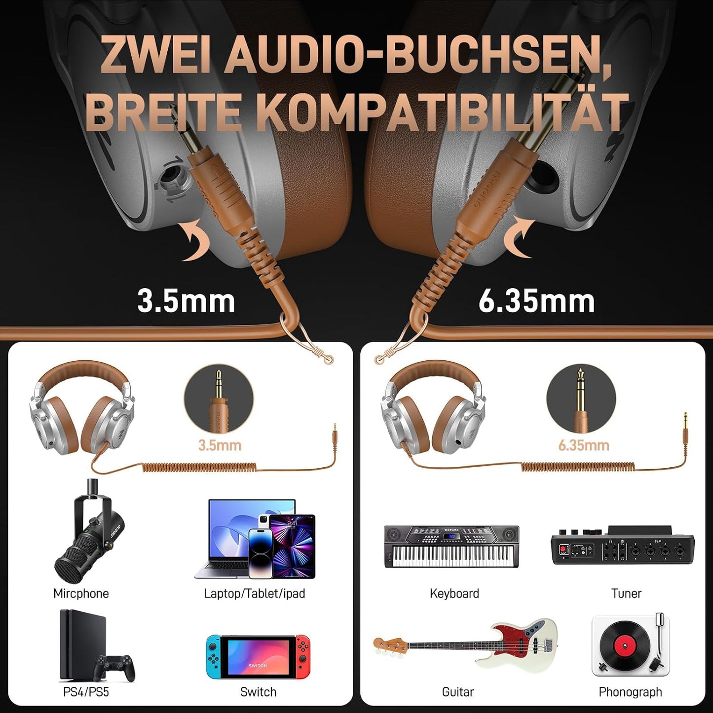 MAONO Professionelle Studio Kopfhörer mit 6,35 & 3,5mm abnehmbarem Kabel,Silber