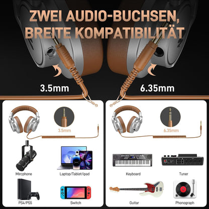 MAONO Professionelle Studio Kopfhörer mit 6,35 & 3,5mm abnehmbarem Kabel,Silber